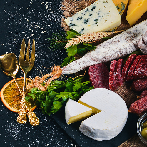 A cheese and meat board