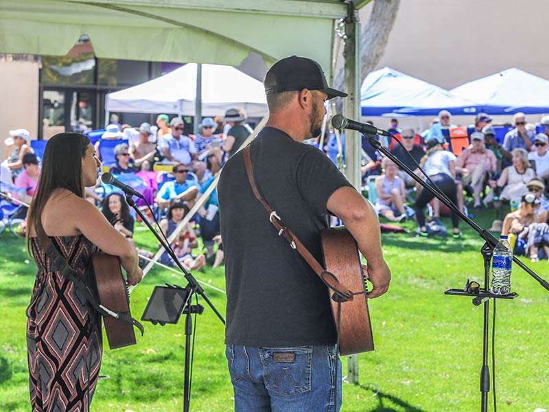 Two performers singing and playing the guitar at a park